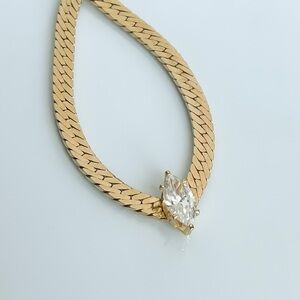 VINTAGE 1990s Gold Curb / Herringbone Chain Necklace w Marquise Stone